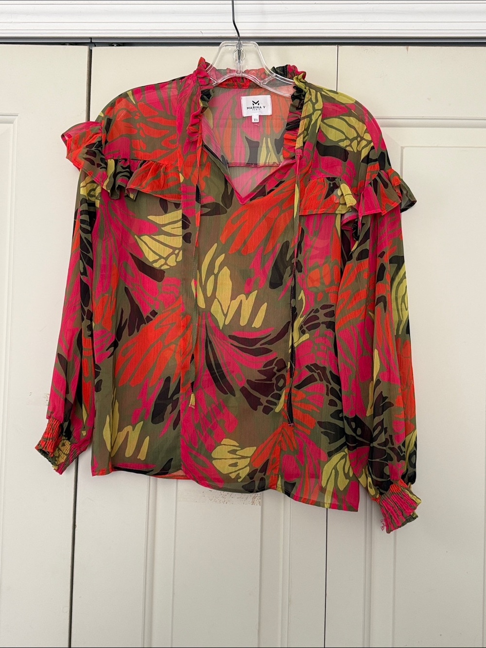 Marina  V   Paris Sheer Floral Ruffle Tie-Neck Blouse in Pink & Olive